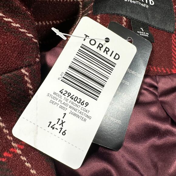 Torrid Softest Tie Front Coat Study Plaid Winetasting Women's Size 1X NWT - Picture 7 of 11